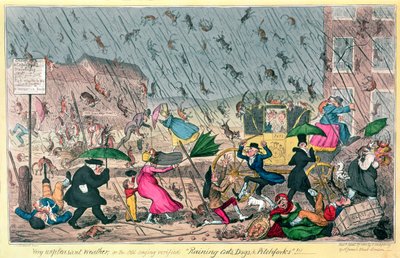 Çok Hoş Olmayan Hava veya Eski Deyiş doğrulanmış Kediler, Köpekler ve Dirgen Yağmuru!, pub. G. Humphrey tarafından, 1820 by George Cruikshank