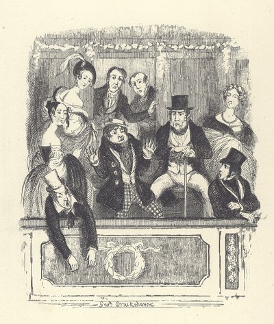 Victoria tiyatroseverleri bir Londra tiyatrosunda bir kutunun içine kalabalık (gravür) by George Cruikshank