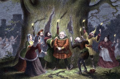 William Shakespeare Windsor'un Neşeli Eşleri, oyun ilk olarak 1597 veya 1600'de oynandı. Windsor Ormanı Metresi Ford'daki sözde görevini Avcı Herne olarak sürdüren ve 'periler' tarafından sıkıştırılıp yumruklanan Falstaff, 'Periler& by George Cruikshank