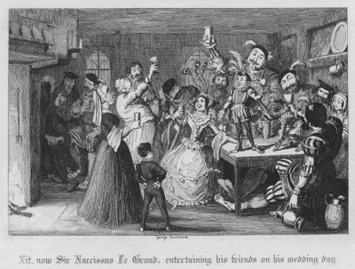 Xit, şimdi Sir Narcissus Le Grand, düğün gününde arkadaşlarını eğlendiriyor (gravür) by George Cruikshank