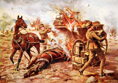 Oyunculuk-Bombardier H.A. Creasey, çok ağır mermi ateşi altında yanan bir mühimmat vagonunu boşaltmaya yardım ediyor by George Derville Rowlandson
