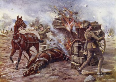 Bombardier H A Creasey vekili, çok ağır mermi ateşi altında yanan bir mühimmat vagonunu boşaltmaya yardım ediyor, Potijze, Ypres yakınlarında, 25 Nisan 1915 by George Derville Rowlandson