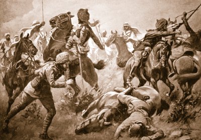 Risaldar Santa Singh, Dafadar Bisham Singh ve Sowar Buda Singh, Kaptan Willoughby'nin yardımına Arapların saflarını kırarak by George Derville Rowlandson