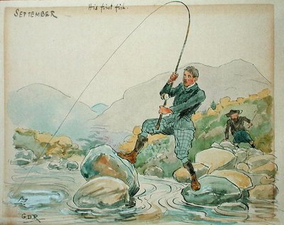 Eylül Ayı: Olta balıkçılığı (kalem ve mürekkep ve kağıt üzerine sulu boya) by George Derville Rowlandson