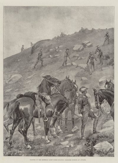 Trooper of the Imperial Light Horse holding Chargers during an Attack  by George Derville Rowlandson