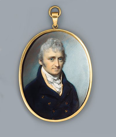 Bay Uthoff, altın düğmeli mavi ceket, devetüyü renkli yelek ve düğümlü kravat, pudra bukleli saçlar, 1805 by George Engleheart