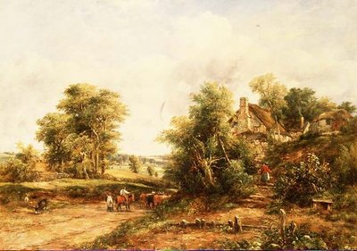 Akşam vakti, sürücüler ve sığırlarla dolu yaz manzarası by George Frederic Watts