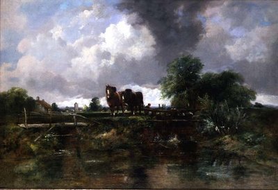 Bir Kilit Çalışan Atlar ile Ormanlık Nehir Manzarası (tuval üzerine yağlı boya) by George Frederic Watts