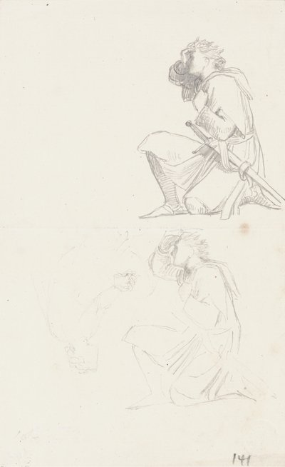 Diz çökmüş bir şövalyenin çalışmaları (grafit) by George Frederick Watts