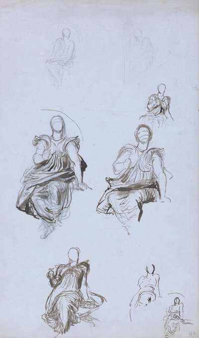 Bir kitapla oturan bir figürün çalışmaları (kalem & kahverengi mürekkep ve mavi kağıt üzerinde grafit) by George Frederick Watts
