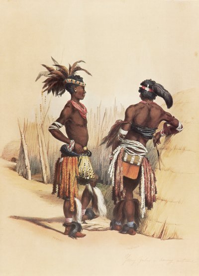 İki genç Zulu erkeği, canlı geleneksel kıyafetlerle süslenmiş by George French Angas