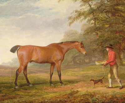 Ahır delikanlısının yiyecek ve yular ile yaklaştığı bir körfez atı, 1789 by George Garrard