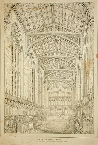 Yeni Kolej Şapeli: Önerilen çatı için tasarımları gösteren iç görünüm by George Gilbert Scott