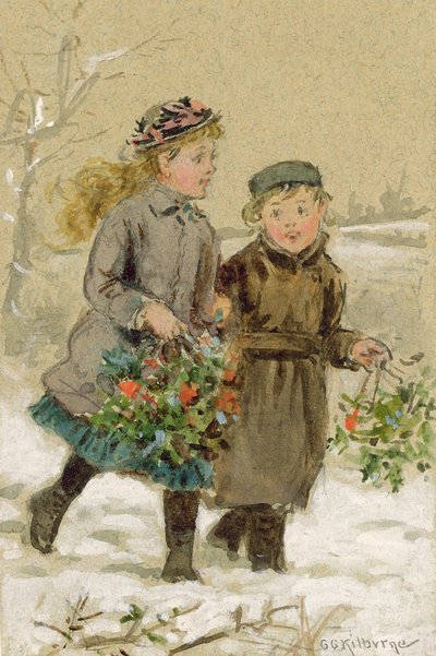 Karda Oynayan Çocuklar - Holly Toplama (wc kağıt üzerinde beyaz ile yükseltilmiş) (çift için bkz. 224240) by George Goodwin Kilburne