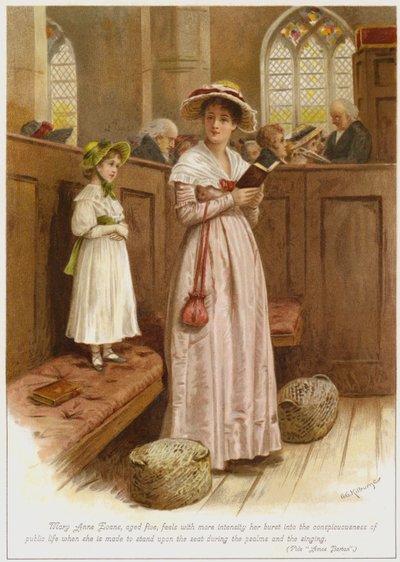 Beş yaşındaki Mary Anne Evans, mezmurlar ve ilahiler sırasında koltuğa oturtulduğunda, kamusal yaşamın bilincine girdiğini daha yoğun bir şekilde hissediyor. by George Goodwin Kilburne