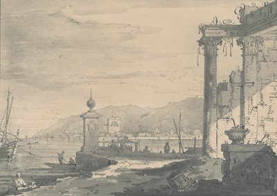 Sağda klasik bir harabe olan bir sahil sahnesi, 1811. by George Hawkins