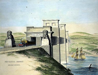 Britannia Köprüsü, Anglesey Girişi, sanatçı tarafından oyulmuş, pub. 1849 (renkli taş) (siyah beyaz için bkz. 109679) by George Hawkins