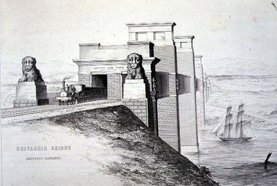 Britannia Köprüsü, Anglesey Girişi, sanatçı tarafından oyulmuş, pub. 1849 (lito) (renk için bkz. 122445) by George Hawkins