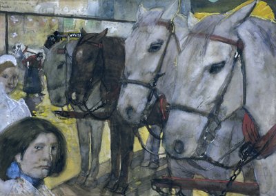 Amsterdam'da Dam Meydanı'nda tramvay atları by George Hendrik Breitner