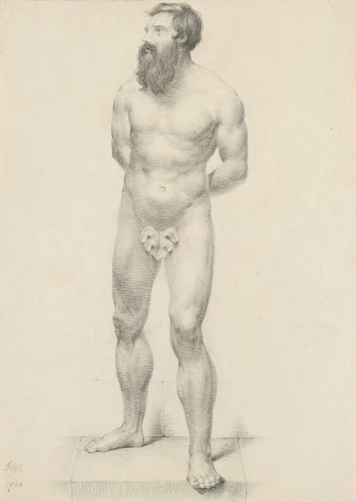 İsimsiz - İncir yaprağıyla çıplak duran erkek, 1844 (devetüyü dokuma kağıt üzerinde grafit) by George Henry Hall
