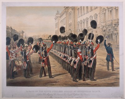İskoç Fusilier Muhafızlarının Savaş Makamı'na hareketlerinin sabahı Buckingham Sarayı'ndaki geçit töreni, 2 Mart 1854, E. Walker tarafından oyulmuş, Colnaghi und Co. tarafından yayınlanmış, 1854 by George Housman Thomas
