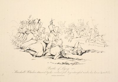 Ligny Muharebesi: Marshall Blucher şiddetli düşüşle sersemletildi, atının altına dolandı, pub J. Booth, 1816 by George Jones