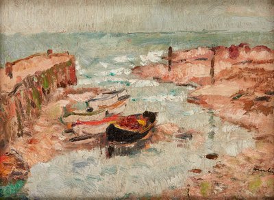 Sahilde Tekneler, Aşağı Largo (panelde yağ) by George Leslie Hunter