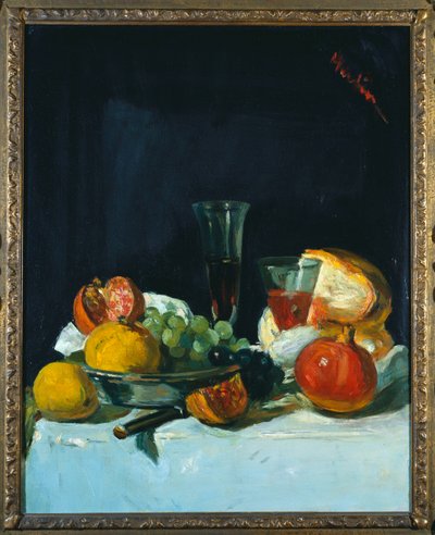 Beyaz Şarap Kadehleri ve Somun Ekmek ile Üzüm, Limon ve Nar by George Leslie Hunter