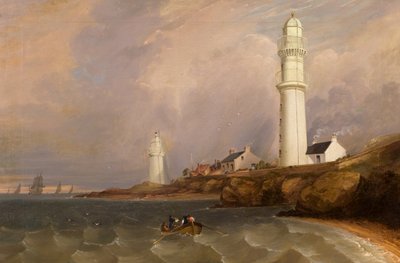 Deniz Fenerleri - West Lights, Tayport, c.1840 (tuval üzerine yağlı boya) by George McGillivray