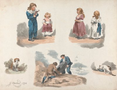 Beşli Set: Çocuklar, Bir Köpek, Bir Kedi, vb. Üzerine Çalışmalar by George Morland