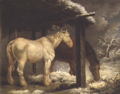 Fırtınalı Kış Manzarasında Sazdan Bir Barınağın Yanındaki Shire Atları by George Morland