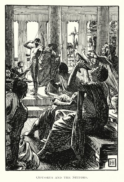 Odyssey: Odysseus ve Talipler (gravür) by George Percy Jacomb Hood