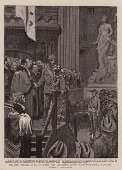 Lonca Salonunda Belediye Karşılaması, Belediye Başkanı Albay Mackinnon ile El sıkışırken by George Percy Jacomb Hood