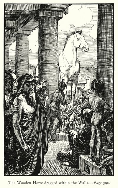 İlyada: Surların İçinde Sürüklenen Tahta At (gravür) by George Percy Jacomb Hood