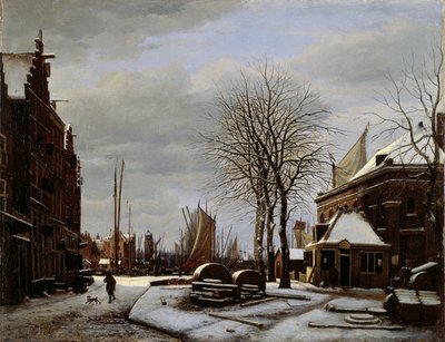 Kışın 'Het Zeerecht' Binası ile Amsterdam'da Slijpsteenmarkt (Whetstone Pazarı) (Amsterdam'daki Slypsteenen) by George Pieter Westenberg