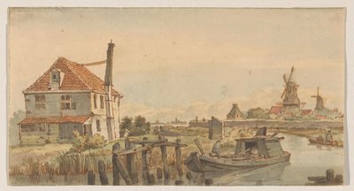 Bir tekne, bir ev ve iki yel değirmeni ile yelken açın by George Pieter Westenberg