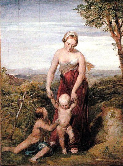 Tepelik Bir Manzarada İki Çocuklu Bir Kadın by George Richmond