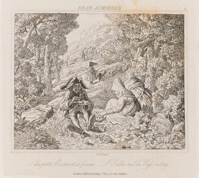 Jumieges yakınlarında seyyar satıcı ve karısı, c.1821 (gravür) by George Robert Lewis