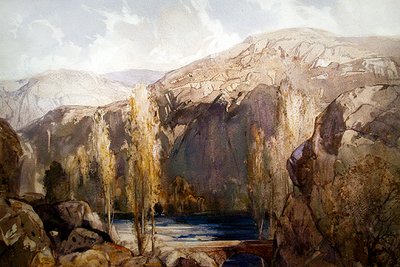 Kayalık bir geçitten akan bir nehir (kağıt üzerine suluboya) by George Robert Rushton