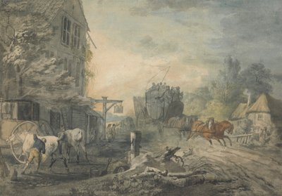 Bath-Londra Yolu Üzerindeki Bir Köyün İçinden Koşan Bir Posta Arabası ve Dörtlü by George Robertson