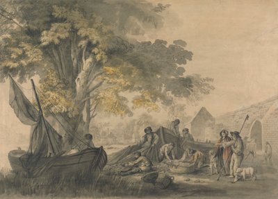 Bir Weir yakınında Tekneler, Balıkçılar ve Köylüler by George Robertson