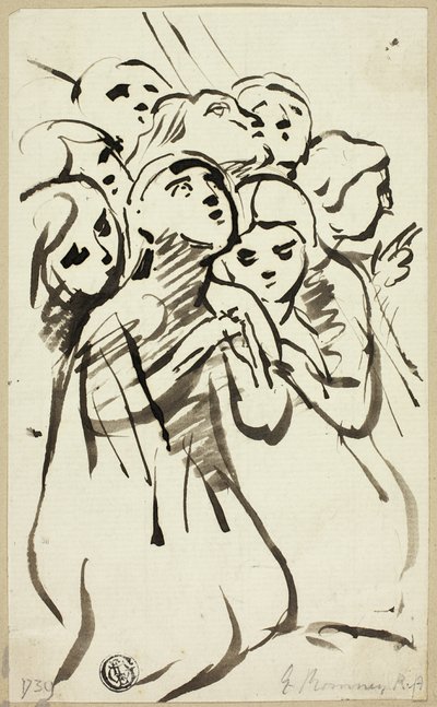 Diz çökmüş figürler birbirine sokulmuş by George Romney