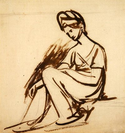 Oturan Bir Kadının Portresi Çalışması (kağıt üzerine kurşun kalem üzerine kahverengi mürekkep) by George Romney