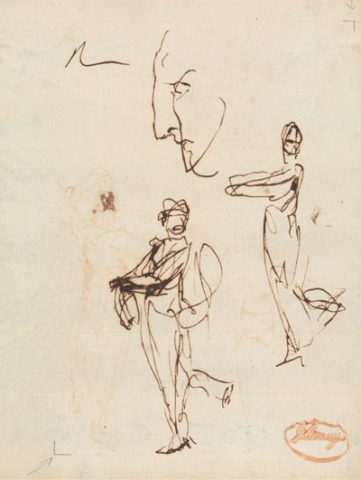 İki Figür ve Bir Yüzün İncelenmesi by George Romney