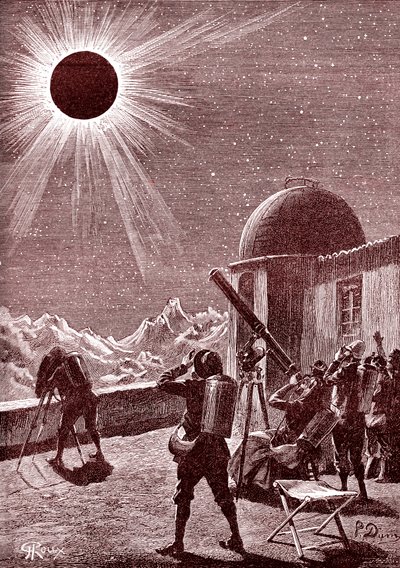 Afrika çölündeki kaşifler güneş tutulmasına bakıyor. 1888 (gravür) by George Roux