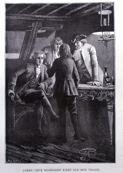 Gemi meydanındaki hikaye sahnesi: Dr. Livesey ve Chevalier Trelawnay