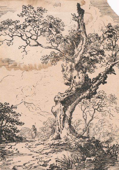 Manzaradaki adam ve büyük ağaç by George Samuel