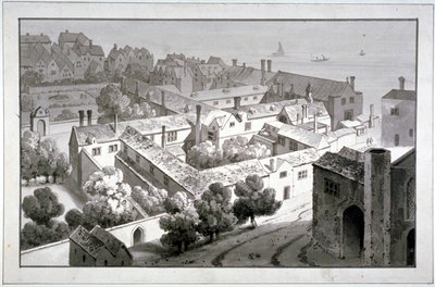 Winchester Piskoposu sarayının kuşbakışı görünümü, Southwark, Londra, c1820. by George Shepherd