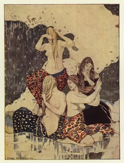 Buz üzerinde oturmuş saçlarını ören dört güzel kız gördü (renkli litho) by George Sheringham