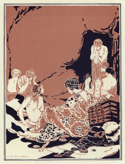 Birçok kadın bir daire içinde oturdu, hepsi üzgün ve ağladı (renkli lito) by George Sheringham